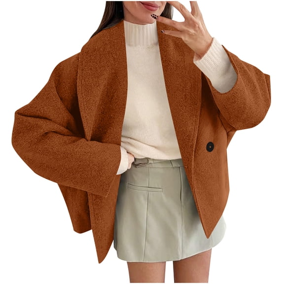 ZQUUVOU Fall Winter Jacket for Women Loose Large Lapel Collar Button Front Wool Blend Coat with Pockets for Thermal Outfits Brown