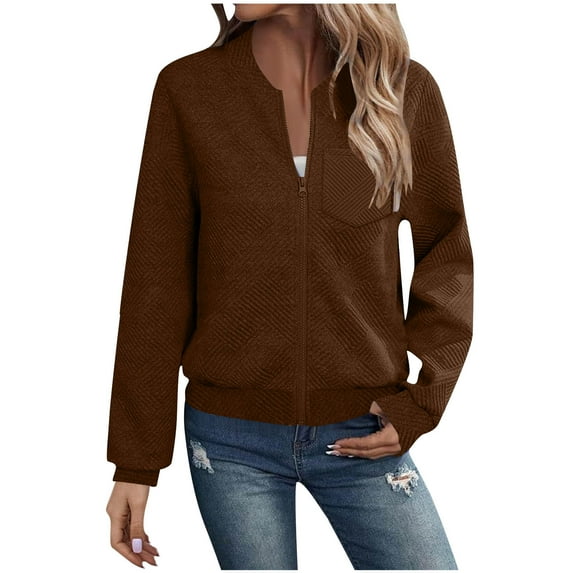 ZQUUVOU Fall Zip Up Jacket for Women Casual Lightweight Solid Color Long Sleeve Zip Jacket with Pockets Athleisure Outerwear Brown