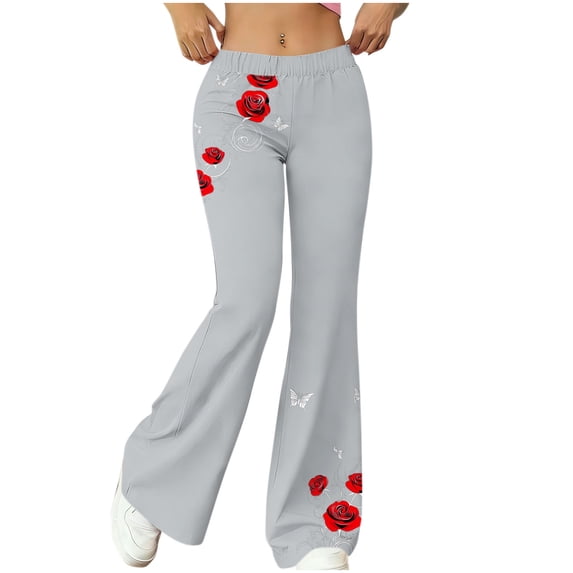 ZQUUVOU Flare Leggings for Women Casual Vintage Rose Print Yoga Pants Elastic High Waist Stretchy Bell Bottom Pants Gray