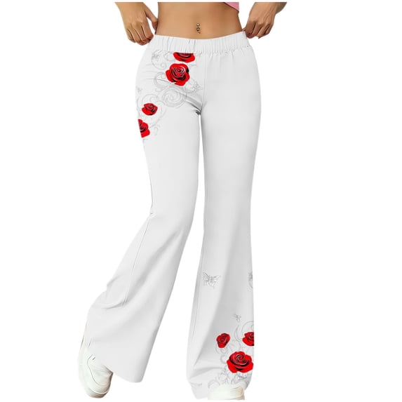 ZQUUVOU Flare Leggings for Women Casual Vintage Rose Print Yoga Pants Elastic High Waist Stretchy Bell Bottom Pants White