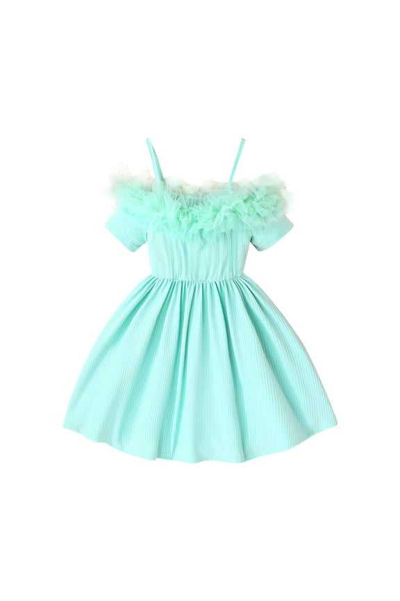 Flower Girl Dress Lace Trim Sleeveless V Neck Sundress Tiered Tulle Skirt for Birthday Party Wedding Green