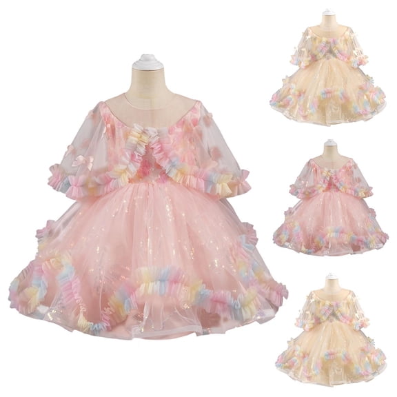 ZQUUVOU Flower Girls Tulle Dress Cute Boknot Cape Fuffy Gown Wedding Princess Party Birthday Pageant Prom Dresses Pink