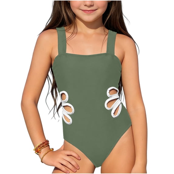 ZQUUVOU Girl's Cut Out One Piece Swimsuit Floral High Cut Beach Sports Swimwear Bathing Suit Fashion Monokini Olive Green