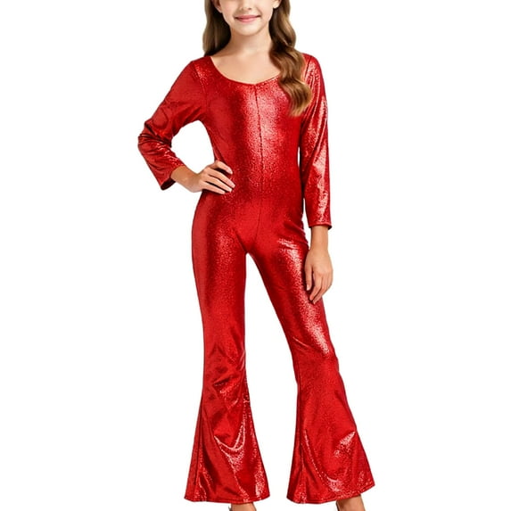 ZQUUVOU Girl's Kids Sequined Jumpsuit Long Sleeve Bell Bottom Pants Solid Color Birthday Party Performance Stage Red