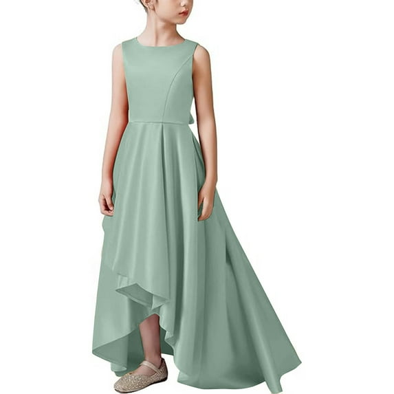 ZQUUVOU Girl's Satin Formal Dress Sleeveless Round Neck Elegant Dresses Low Long Maxi Dresses for Wedding Birthday Party Mint Green