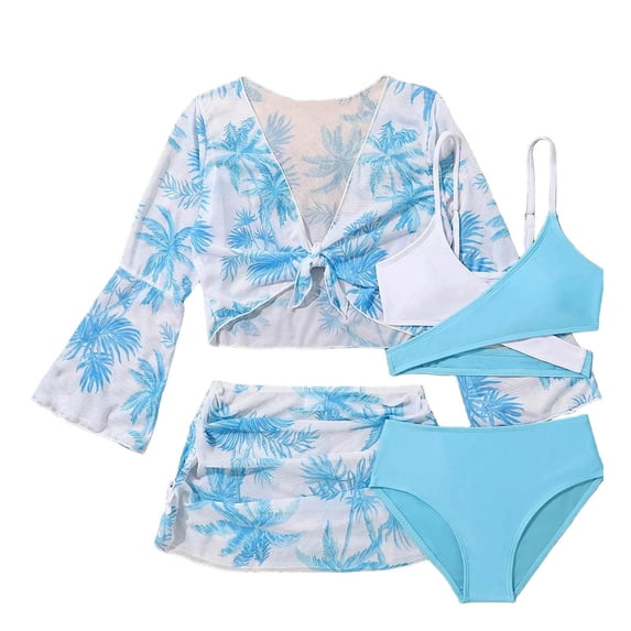 ZQUUVOU Girls 4 Piece Swimsuit Set High Waist Floral Print Cover Up Tankini Top Skirt Bottom Beach Vacation Outfit Light Blue