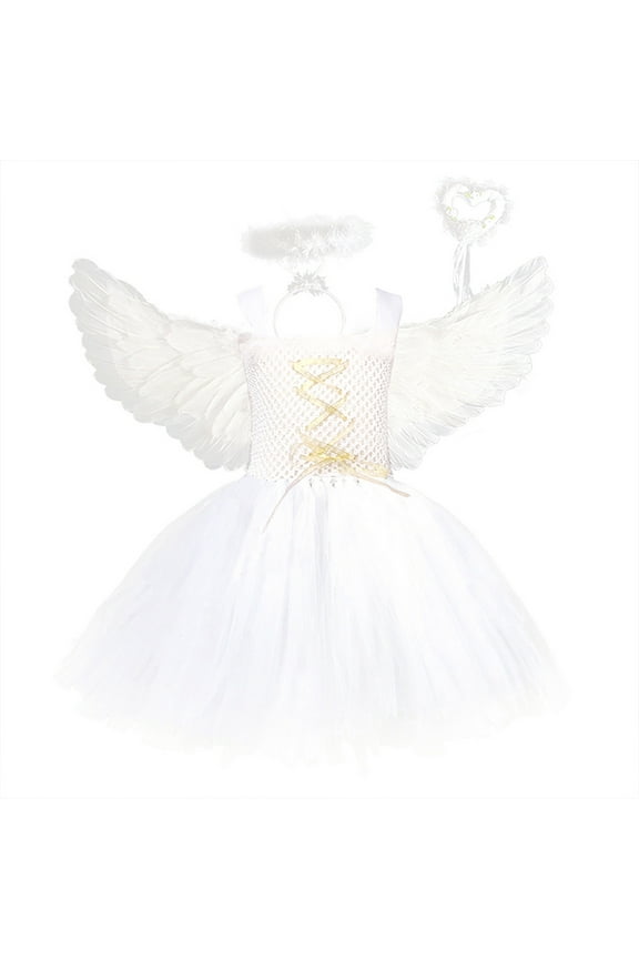 Girls Angel Wing Tutu Dress White Stage Performance Princess Gown Set for Pageant Show Party Prom Outfit White