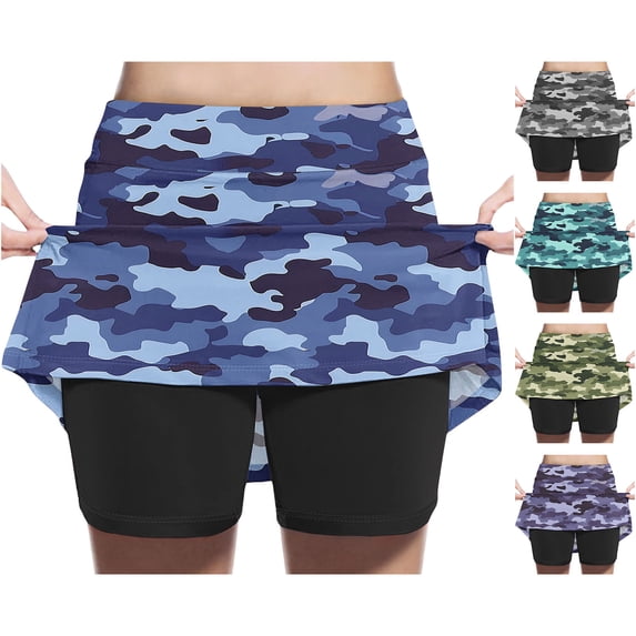 ZQUUVOU Girls Camo Print Athletic Skort with Built-in Shorts A Line High Waist Loose Casual Workout Tennis Skirts Blue