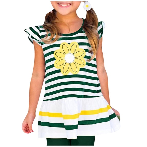 ZQUUVOU Girls Cute Summer Top Striped Daisy Print Short Sleeve Flutter Sleeve Ruffle Hem Casual Crewneck Tee Green