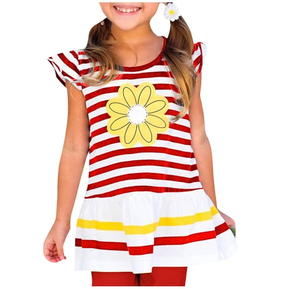 ZQUUVOU Girls Cute Summer Top Striped Daisy Print Short Sleeve Flutter Sleeve Ruffle Hem Casual Crewneck Tee White
