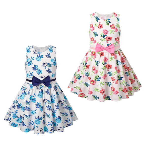 ZQUUVOU Girls Floral Print Party Dress Sleeveless Cotton Vintage Casual Formal Gown for Garden Party Summer Outfits Blue