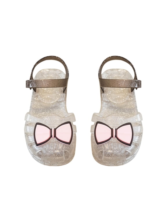 Girls Jelly Gladiator Sandals Bow Detail Soft Sole Princess Breathable Hollow Out Closed Toe Beach Dress Shoes Silver