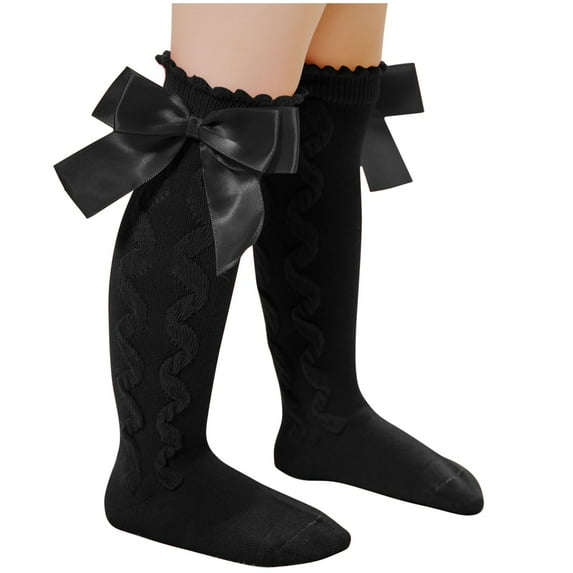 ZQUUVOU Girls Kids Knee High Socks Bow Ribbon Socks Solid Color Cotton Stocking Dancing Socks Comfortable Girls Toddler Stocking Black