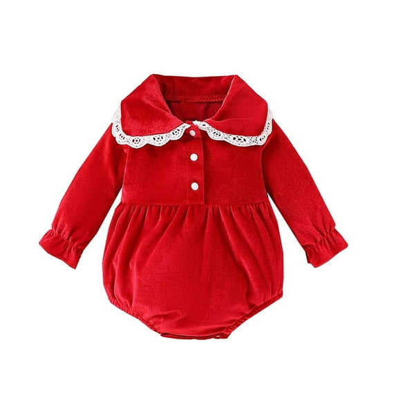 ZQUUVOU Girls Newborn Baby Romper Dress Fall Velvet Christmas Outfits Solid Color Collared Long Sleeve Jumpsuits Toddler Playsuit Red
