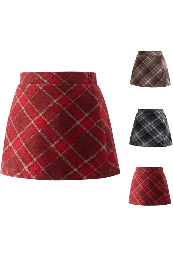 Girls Plaid Skirt Vintage High Waist A Line Mini Skirt Fleece Cold Weather Warm School Uniform Outfits Red