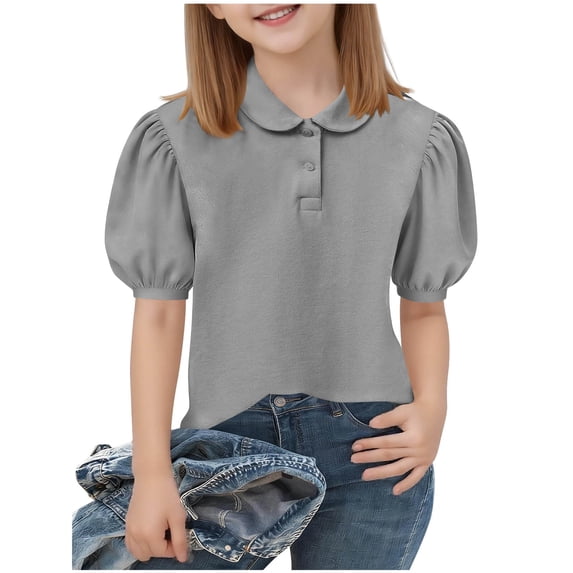 ZQUUVOU Girls Puff Short Sleeve Top Solid Collar Button Down Back To School Casual Pullover Blouse Tee for 5-15 Years Gray