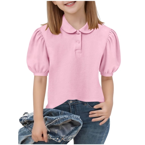 ZQUUVOU Girls Puff Short Sleeve Top Solid Collar Button Down Back To School Casual Pullover Blouse Tee for 5-15 Years Pink