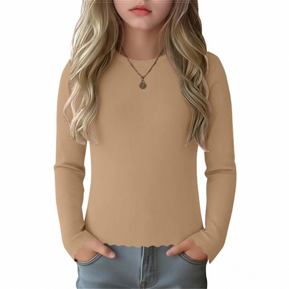 ZQUUVOU Girls Ribbed Long Sleeve Top Solid Ruffle Hem Crewneck Pullover Base Layer Tee Stretchy Comfort Tops Brown