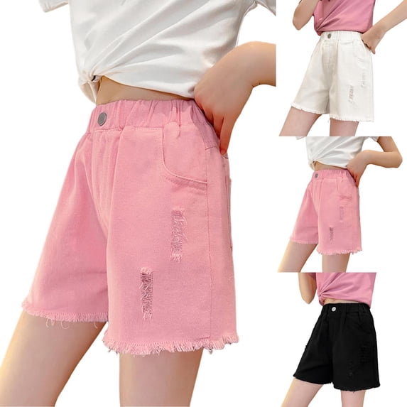 ZQUUVOU Girls Ripped Jean Shorts Vintage Distressed Loose Fit Frayed Hem Denim Shorts with Pockets Summer Streetwear Pink