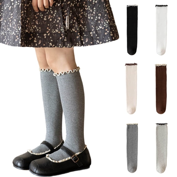 ZQUUVOU Girls Ruffle Knee High Socks Breathable Cotton School Uniform Dress Scallop Princess Socks Seamless Stocking White