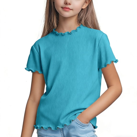 ZQUUVOU Girls Ruffle Trim T Shirt Crewneck Short Sleeve Solid Breathable Spring Summer Comfortable Tops for 1-10 Years Sky Blue