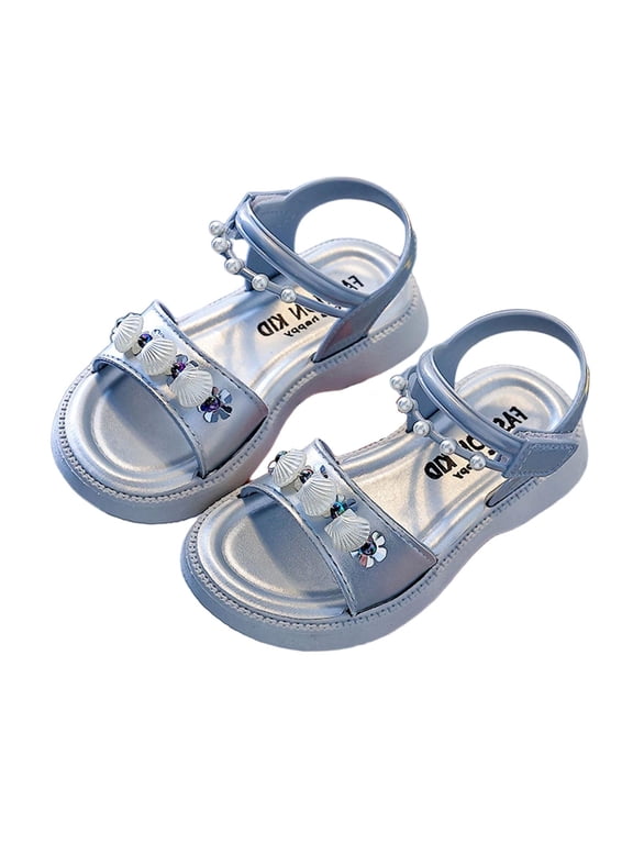 Girls Sandals Open Toe Pearl Shell Decor Non Slip Soft Sole Princess Shoes Summer Beach Casual Sandals for Kids Silver