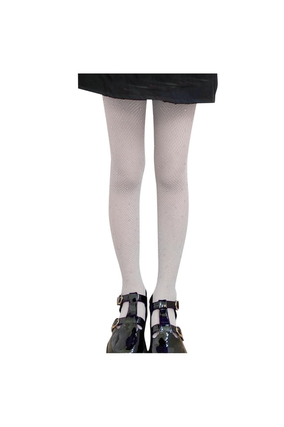 Girls Sequin Fishnet Tights Rhinestone Sparkle Sheer Pantyhose High Waist Fashion Layering Dance Stockings White