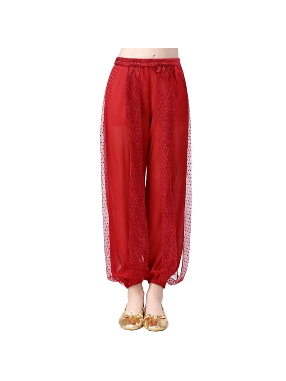 Girls Sequin Joggers Elastic Waist Cuffed Harem Pants Stage Performance Dance Party Glitter Sparkling Trousers Red