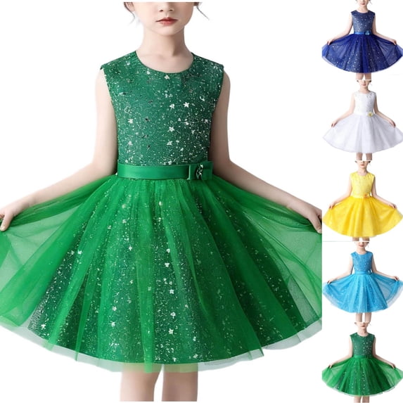 ZQUUVOU Girls Sequin Performance Dress Sleeveless Round Neck Sparkly Tulle Gown for Stage Show Birthday Party Yellow