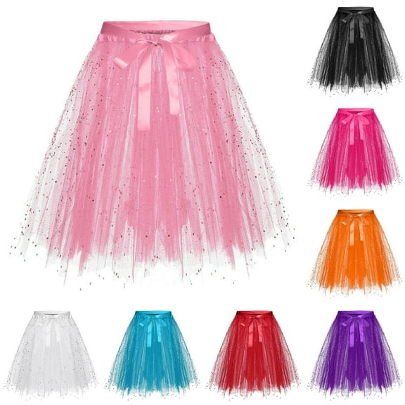 ZQUUVOU Girls Sequin Pleated Skirt Sweet Layered Mesh Solid Color Tulle with Tie Glittery Party Skirt for Kids Pink