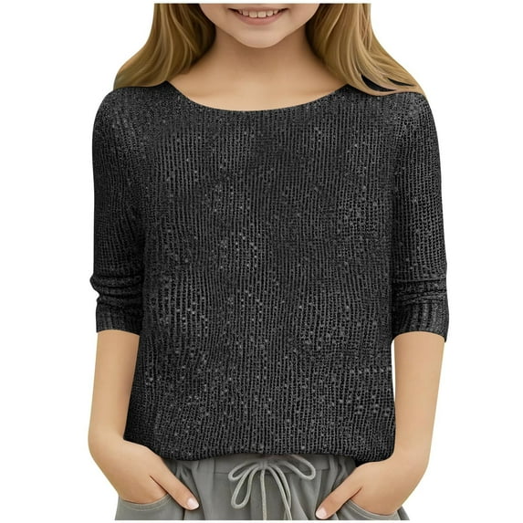 ZQUUVOU Girls Sequin Shirts Long Sleeve Round Neck Pullover Tops Spring Fall Casual Blouse T-shirt Shirt Black
