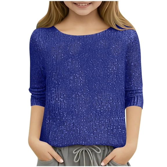 ZQUUVOU Girls Sequin Shirts Long Sleeve Round Neck Pullover Tops Spring Fall Casual Blouse T-shirt Shirt Dark Blue