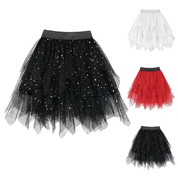 ZQUUVOU Girls Sequin Tutu Skirt Asymmetrical Tulle Glitter Layered Mesh Short Skirt Party Fun Dance Outfits Black