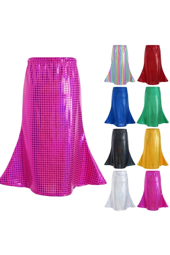 Girls Shiny Metallic Bodycon Long Skirts Party Rave Dance Mermaid Skirt Laser Sequin Performance Outfits Gold