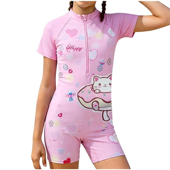 ZQUUVOU Girls Short Sleeve Rash Guard Cute Print Zipper Front Boyleg One Piece Swimsuit Athletic Surfing Swimwear Pink
