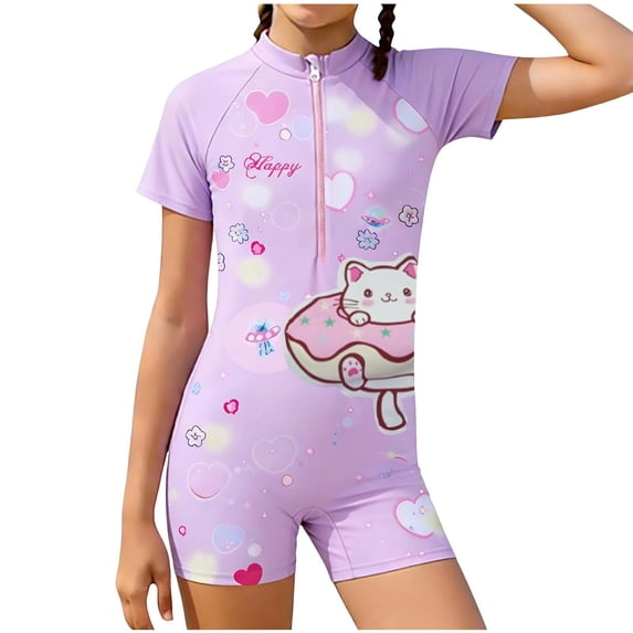 ZQUUVOU Girls Short Sleeve Rash Guard Cute Print Zipper Front Boyleg One Piece Swimsuit Athletic Surfing Swimwear Purple