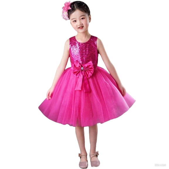 ZQUUVOU Girls Sparkly Performance Set Solid Sequin Sleeveless Tutu Dress with Matching Headband Princess Dress Up Hot Pink