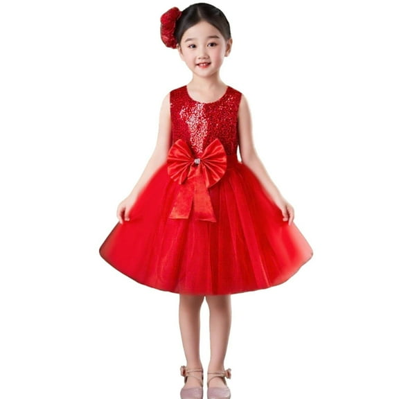 ZQUUVOU Girls Sparkly Performance Set Solid Sequin Sleeveless Tutu Dress with Matching Headband Princess Dress Up Red