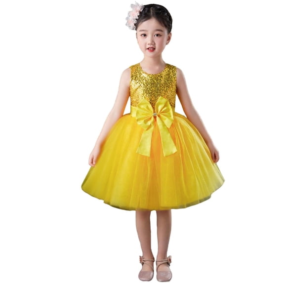 ZQUUVOU Girls Sparkly Performance Set Solid Sequin Sleeveless Tutu Dress with Matching Headband Princess Dress Up Yellow