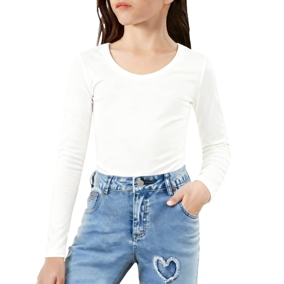 ZQUUVOU Girls Thick Fleece Lined Undershirts Long Sleeve Crewneck T Shirt Thermal Base Layer Top for Big Kids Winter Warm White
