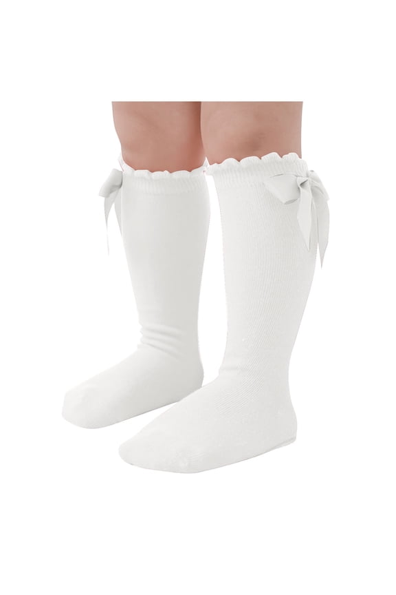 Girls Toddler Solid Color Stocking Bow Ripple Ruffle Trim Cute Knee High Socks Breathable Dress Socks Beige