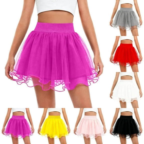 ZQUUVOU Girls Tutu Skirt Solid Color Mesh Tulle Puffy Pleated Short Skirt Dance Party Performance Festive Celebration Pink
