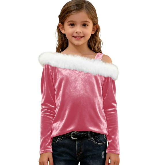 ZQUUVOU Girls Velvet Off Shoulder Tops Long Sleeve Solid Color Faux Fur Trim Blouse for Kids Party Holiday Pink