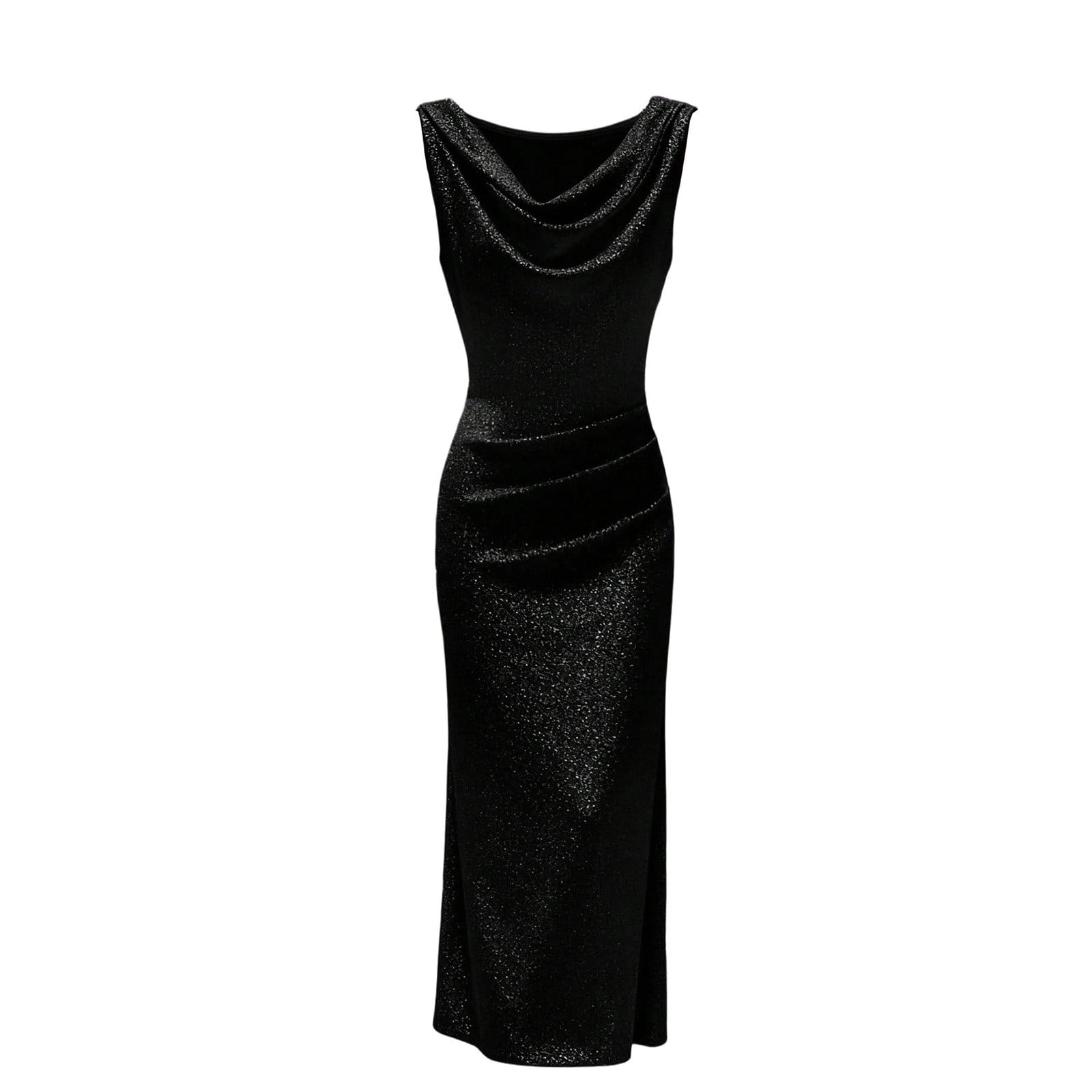 ZQUUVOU Graduation Dress for Women Sleeveless Cowl Neck Midi Evening Dress Metallic Shimmer Bodycon Formal Party Gown Cocktail Black