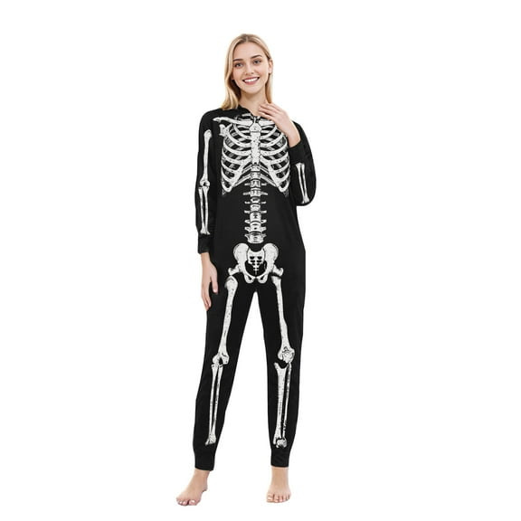 ZQUUVOU Halloween Clothes Women Pajamas Funny Zipper Hooded Jumpsuit Black