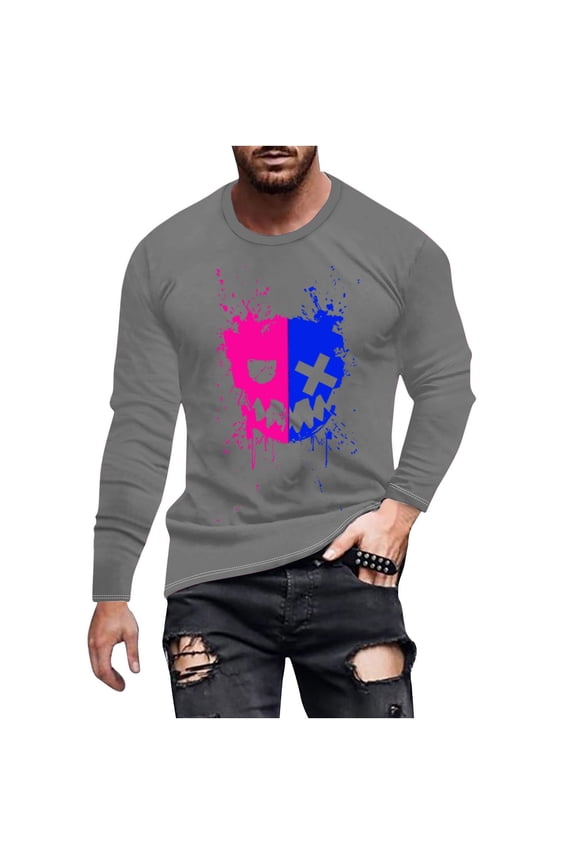 Halloween Mens Tops Pullover Print Loose Fit Long Boat Neck Funny Fall Summer Blouses Gray