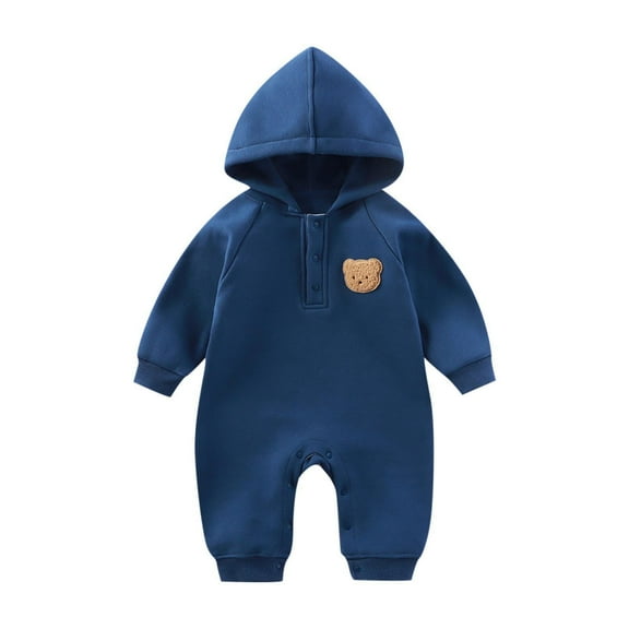 ZQUUVOU Hooded Rompers for Newborn Infant Teddy Bear Embroidered Jumpsuits Boys and Girls Snap Long Sleeved Coming Home Outfits Blue