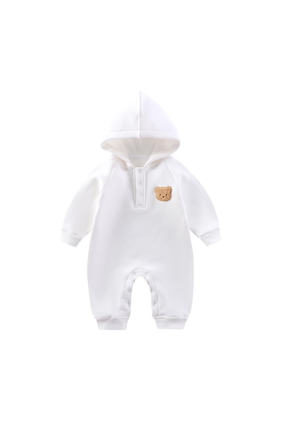 Hooded Rompers for Newborn Infant Teddy Bear Embroidered Jumpsuits Boys and Girls Snap Long Sleeved Coming Home Outfits White