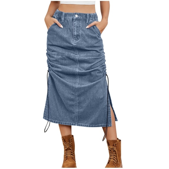 ZQUUVOU Jean Skirt for Women Vintage Trendy Tie Front High Slit Casual Denim Skirt Fashion Stretch High Waist Streetwear Blue