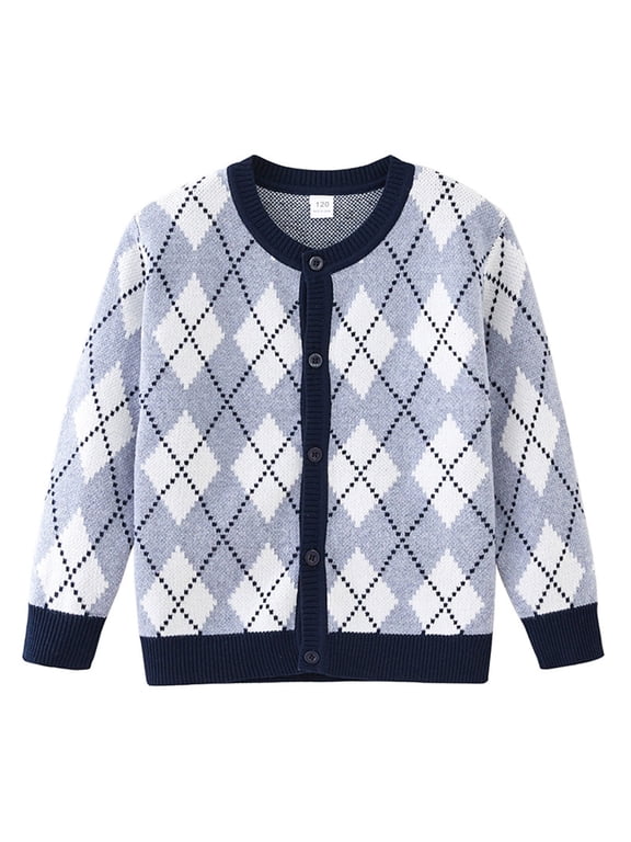 Kids Argyle Sweater Long Sleeve Crewneck Button Down Knit Cardigan Top for Boys Girls School Uniform Gray